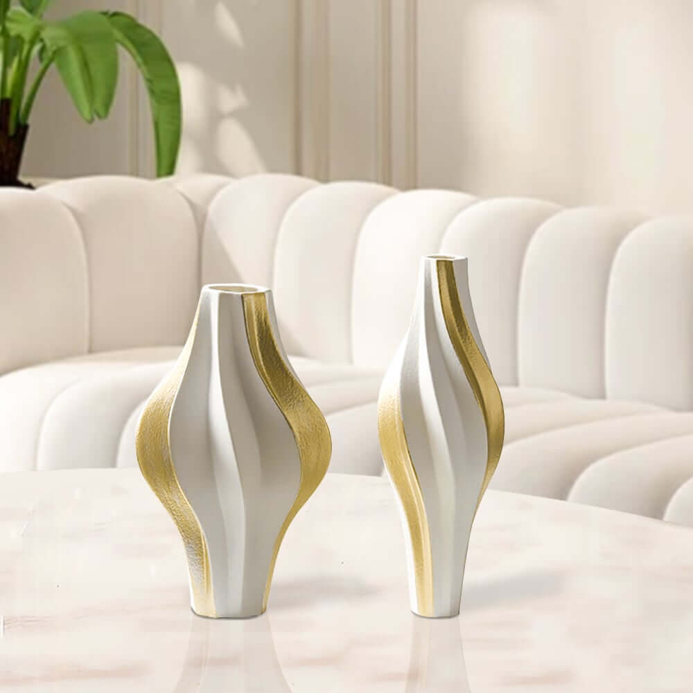 Modern Resin Vase Set with White and Gold Abstract Design