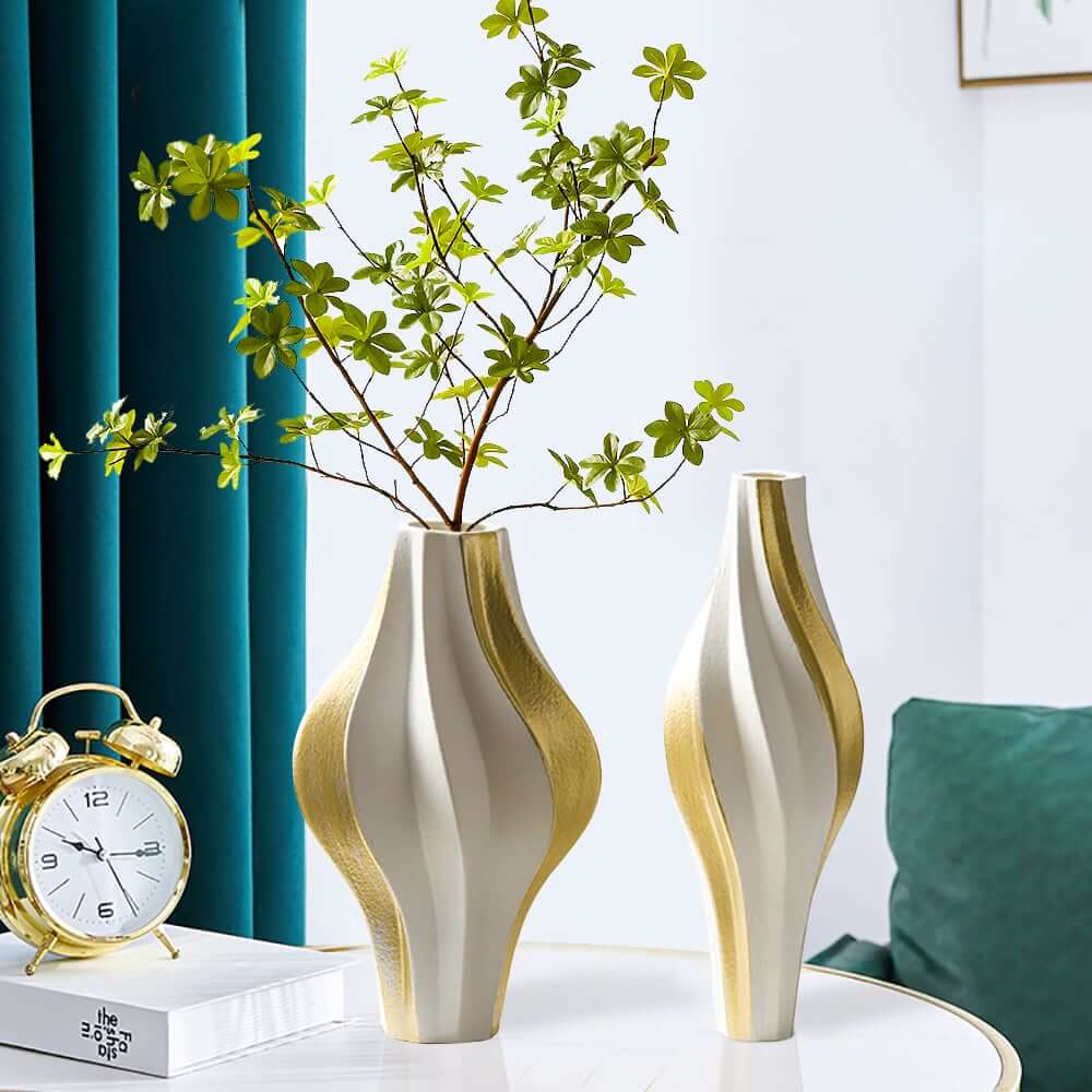 Modern Resin Vase Set with White and Gold Abstract Design