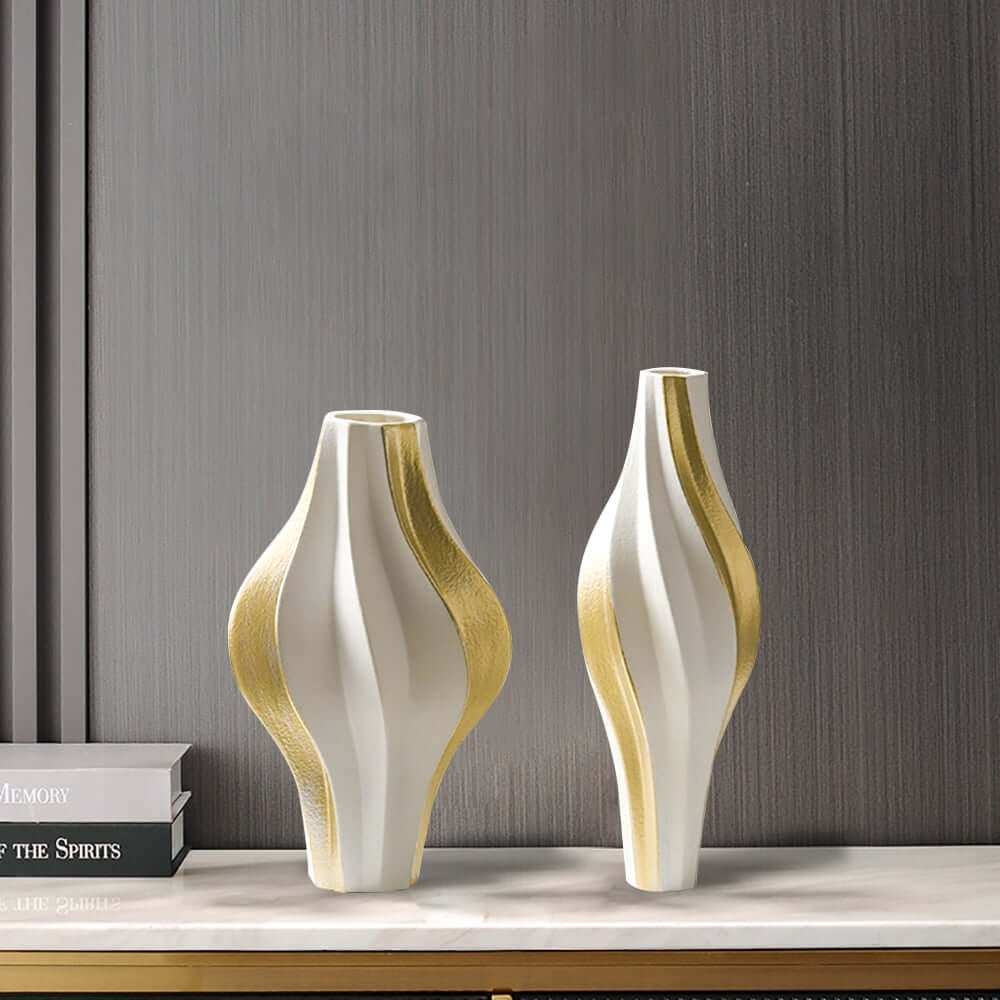 Modern Resin Vase Set with White and Gold Abstract Design