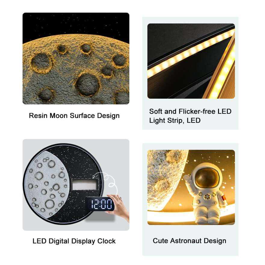 Modern Resin Wall Clock with 3D Lunar Texture and LED Lighting