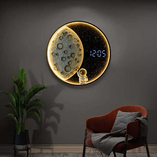 Modern Resin Wall Clock with 3D Lunar Texture and LED Lighting