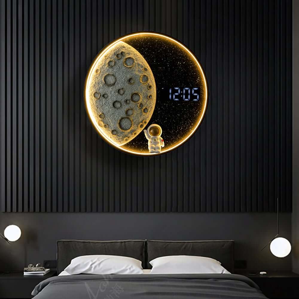 Modern Resin Wall Clock with 3D Lunar Texture and LED Lighting