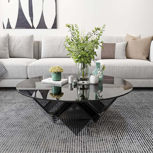 Modern Round Acrylic Coffee Table - Black, Abstract Base