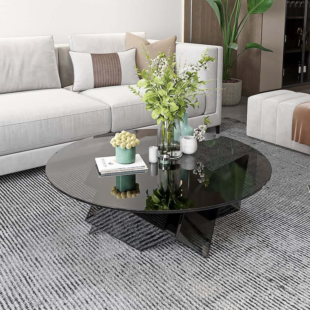 Modern Round Acrylic Coffee Table - Black, Abstract Base Main Product Image