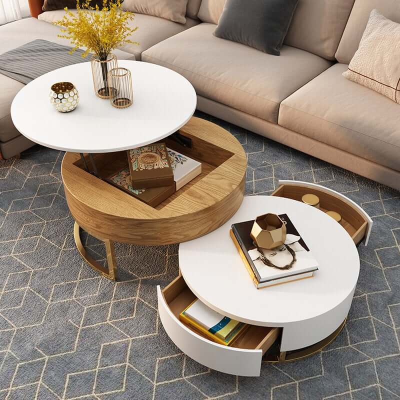 Modern Round Coffee Table Set With Rotatory Drawers