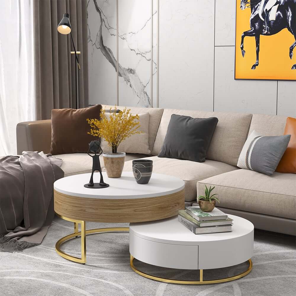 Modern Round Coffee Table Set With Rotatory Drawers