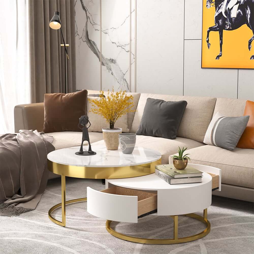 Modern Round Coffee Table Set With Rotatory Drawers