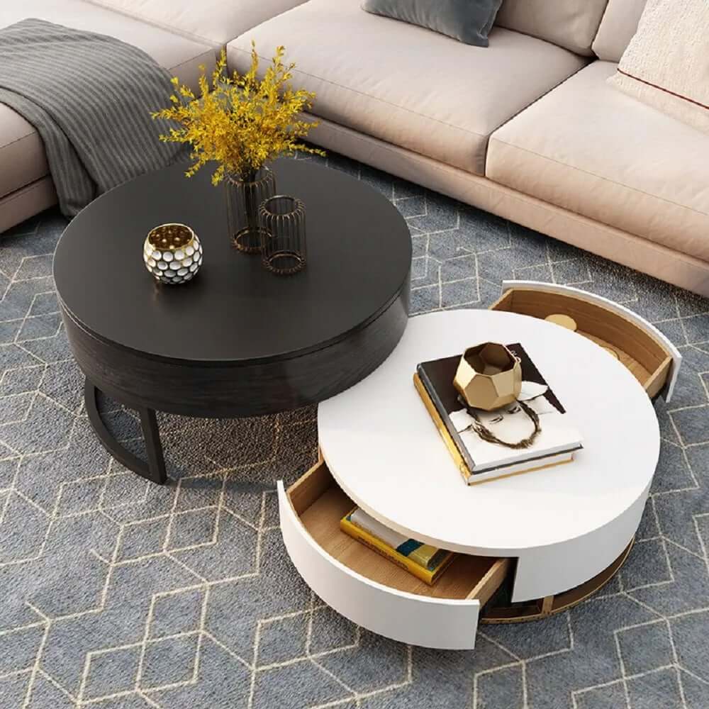 Modern Round Coffee Table Set With Rotatory Drawers