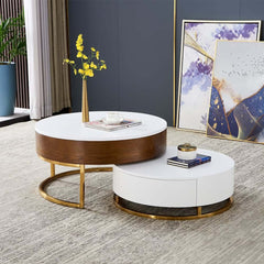 Modern Round Coffee Table Set With Rotatory Drawers