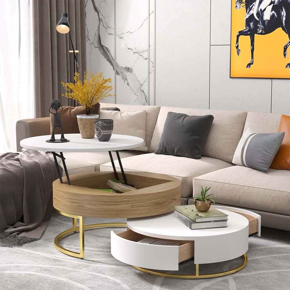 Modern Round Coffee Table Set With Rotatory Drawers