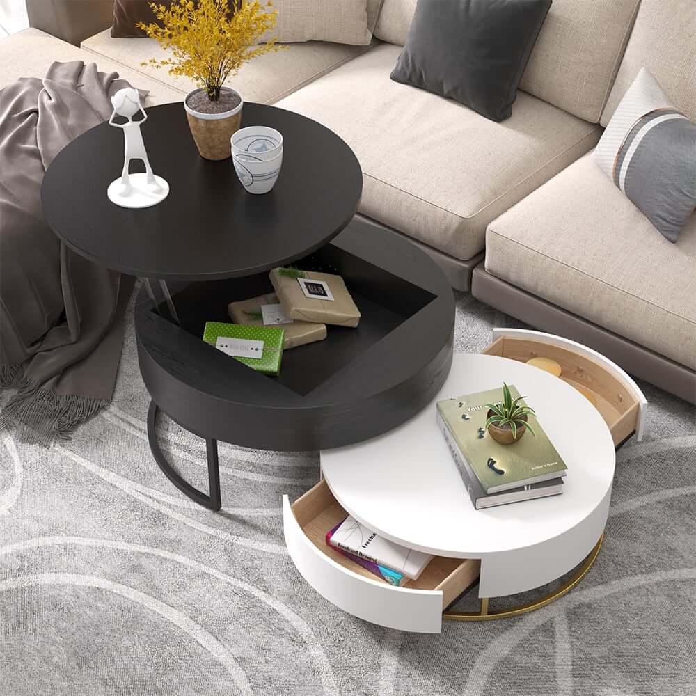 Modern Round Coffee Table Set With Rotatory Drawers