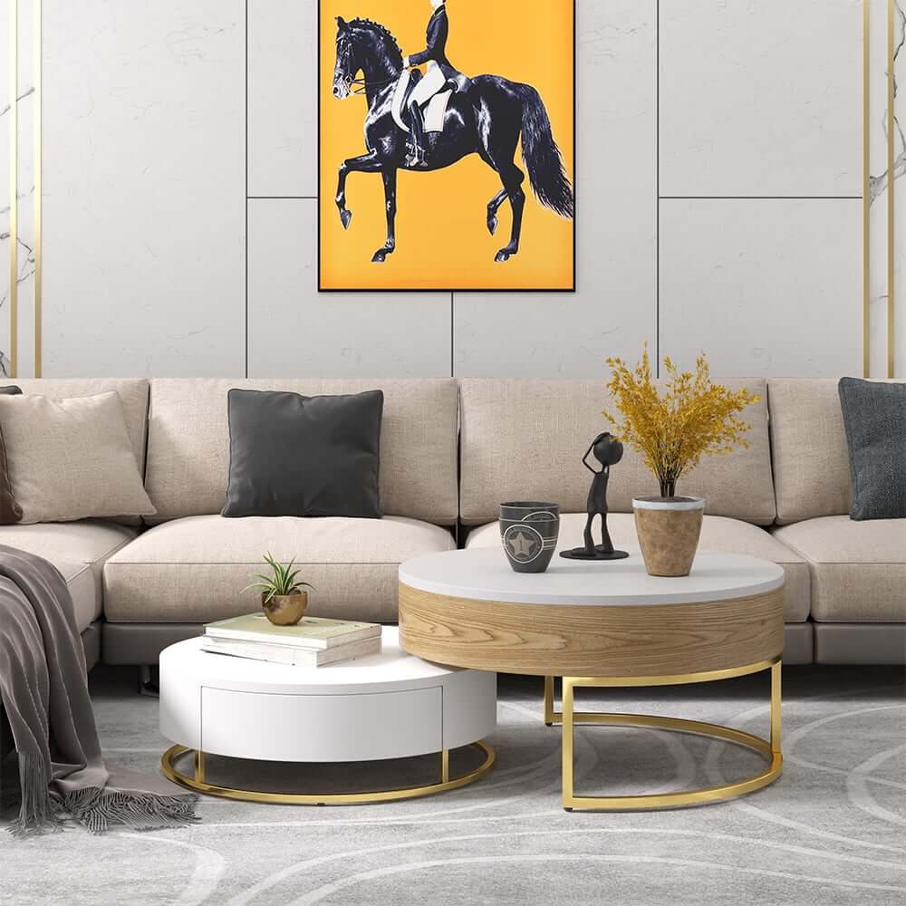 Modern Round Coffee Table Set With Rotatory Drawers