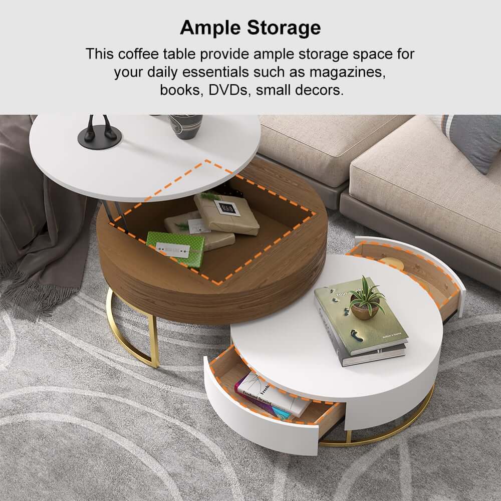 Modern Round Coffee Table Set With Rotatory Drawers