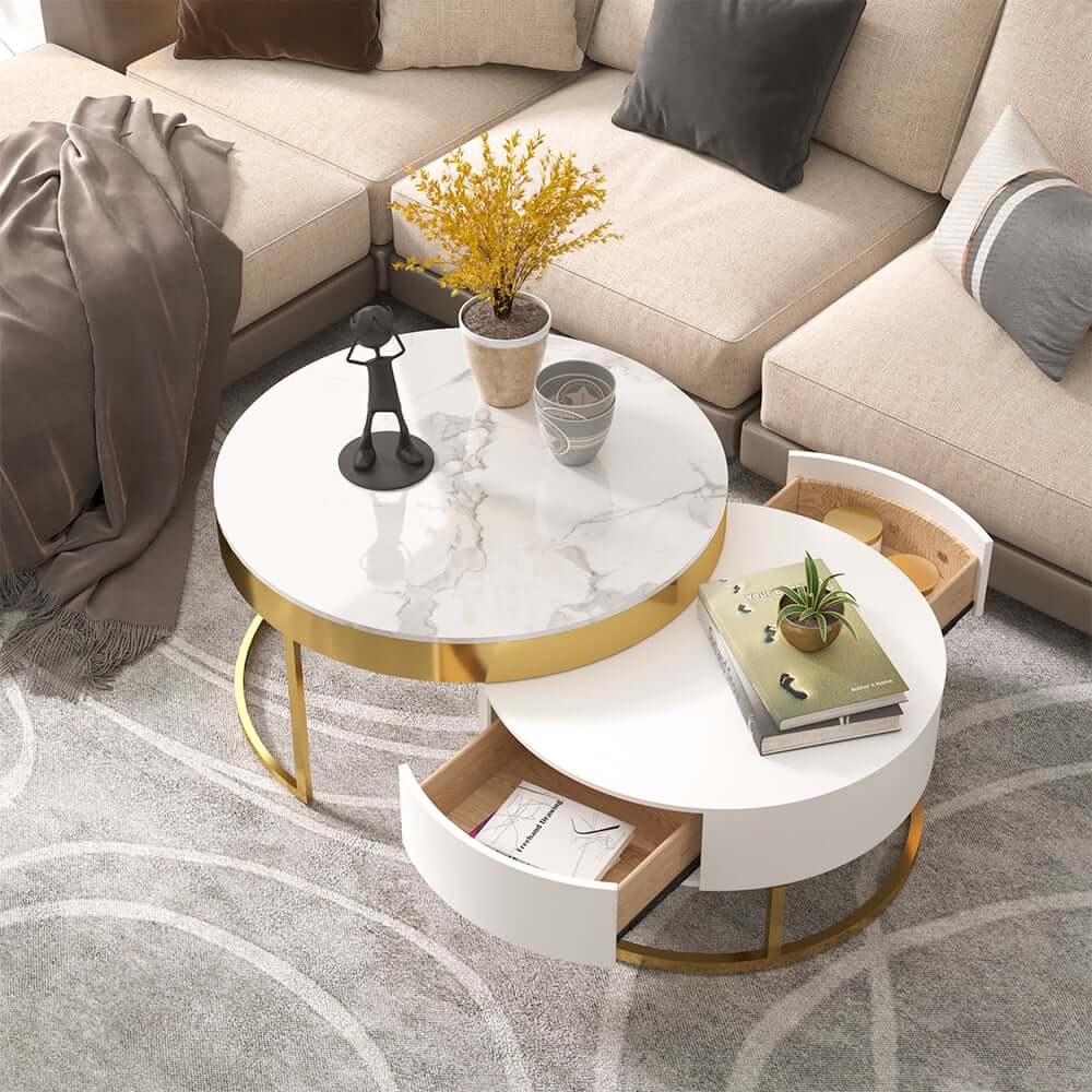 Modern Round Coffee Table Set With Rotatory Drawers
