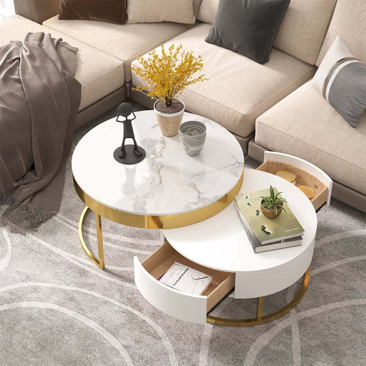 Modern Round Coffee Table Set With Rotatory Drawers
