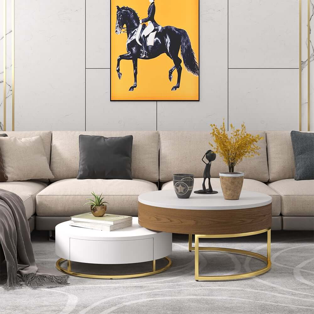 Modern Round Coffee Table Set With Rotatory Drawers