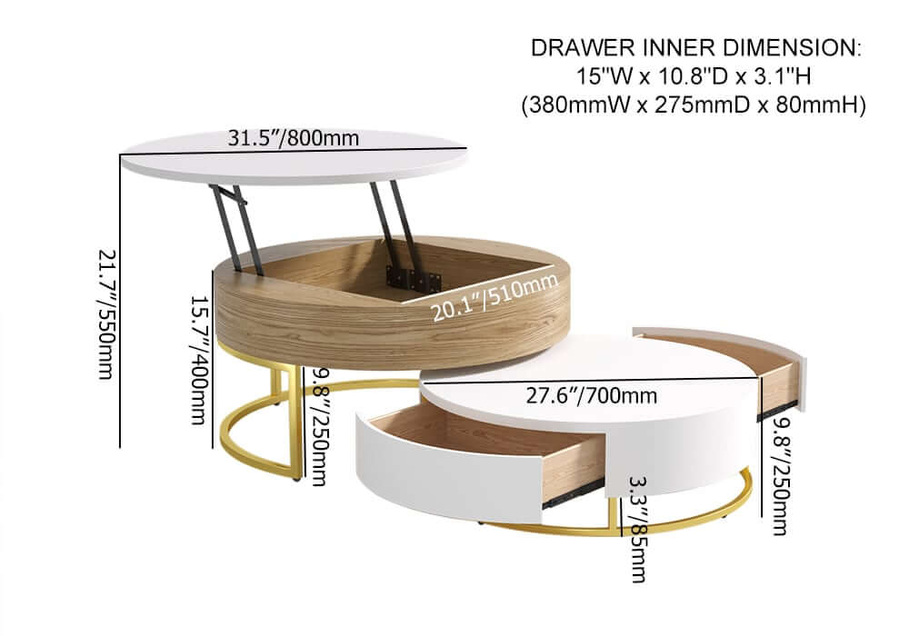 Modern Round Coffee Table Set With Rotatory Drawers Dimensions