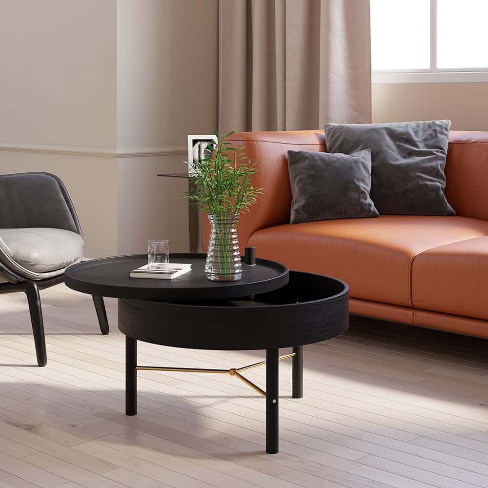Modern Round Coffee Table With Hidden Storage, Black