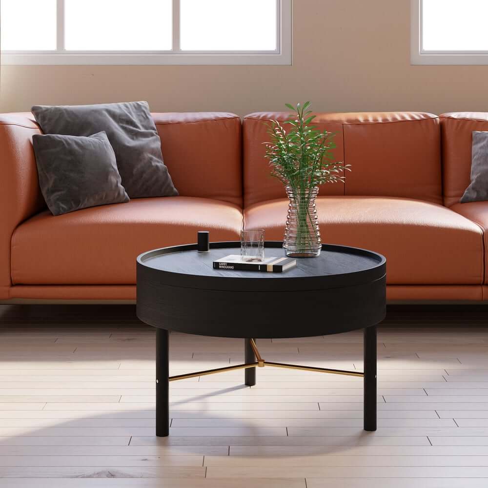 Modern Round Coffee Table With Hidden Storage, Black