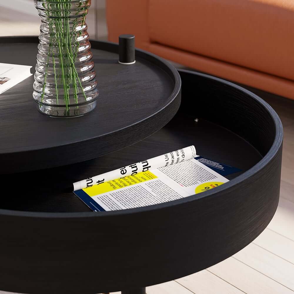Modern Round Coffee Table With Hidden Storage, Black