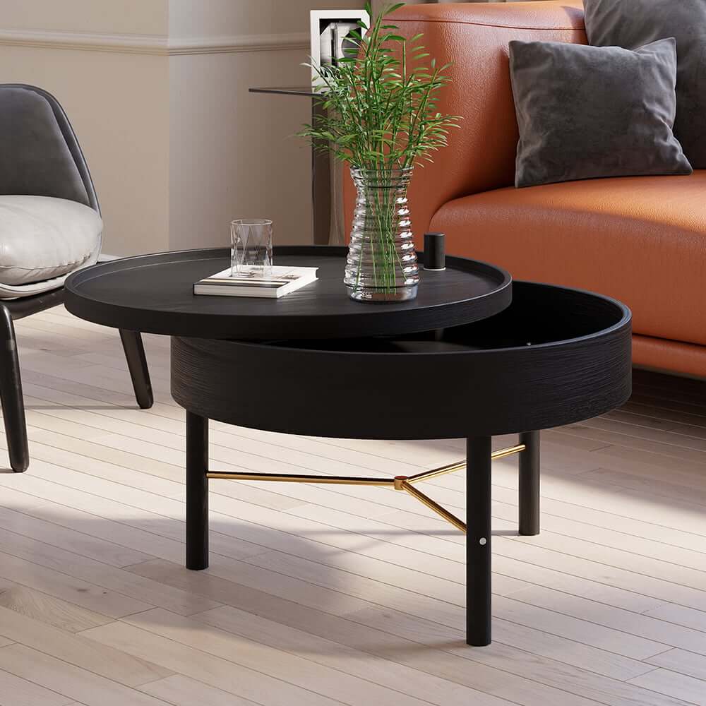Modern Round Coffee Table With Hidden Storage, Black Main Product Image