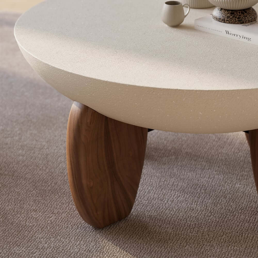 Modern Round Concrete Coffee Table with Wood Legs