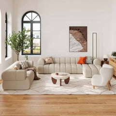 Modern Round Concrete Coffee Table with Wood Legs