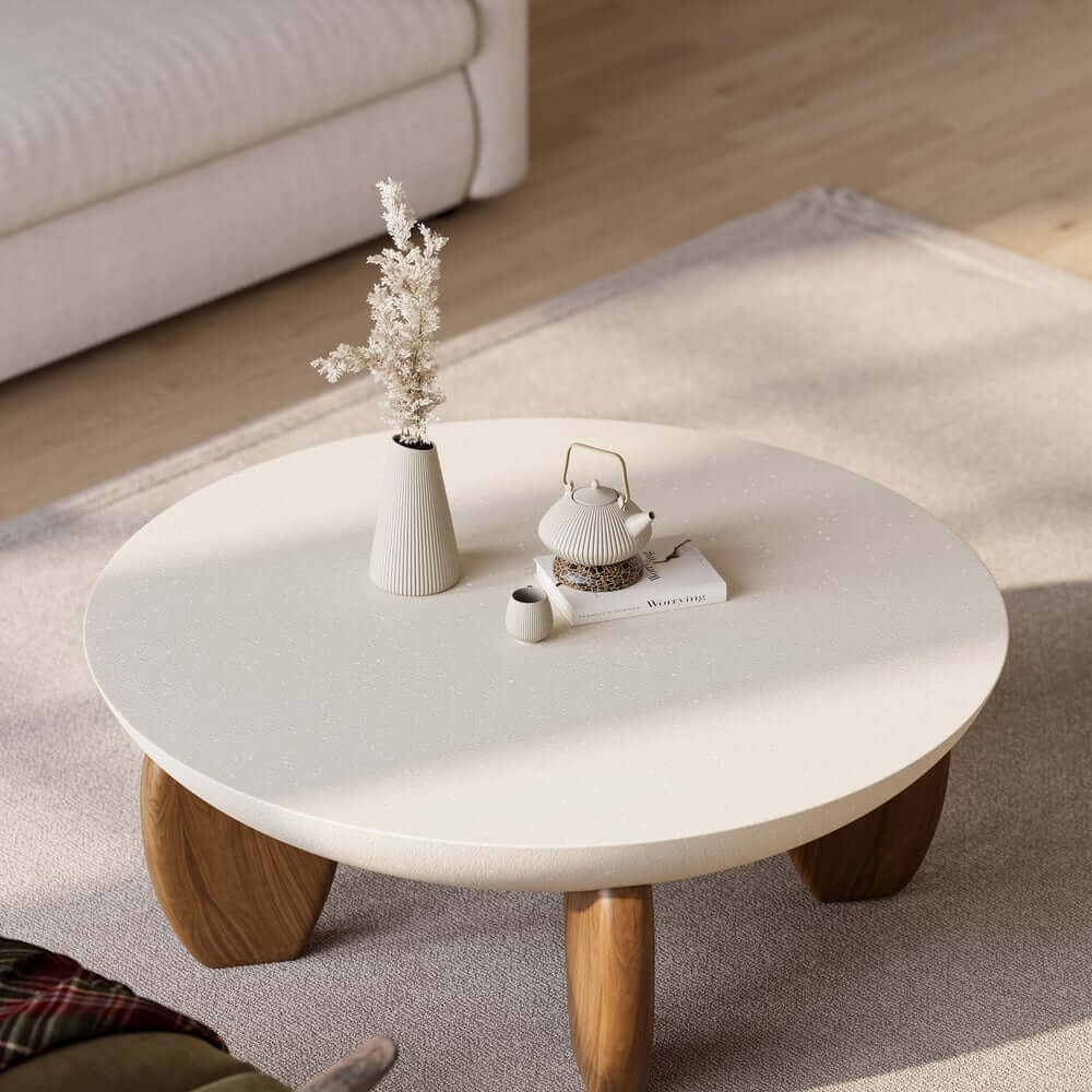 Modern Round Concrete Coffee Table with Wood Legs