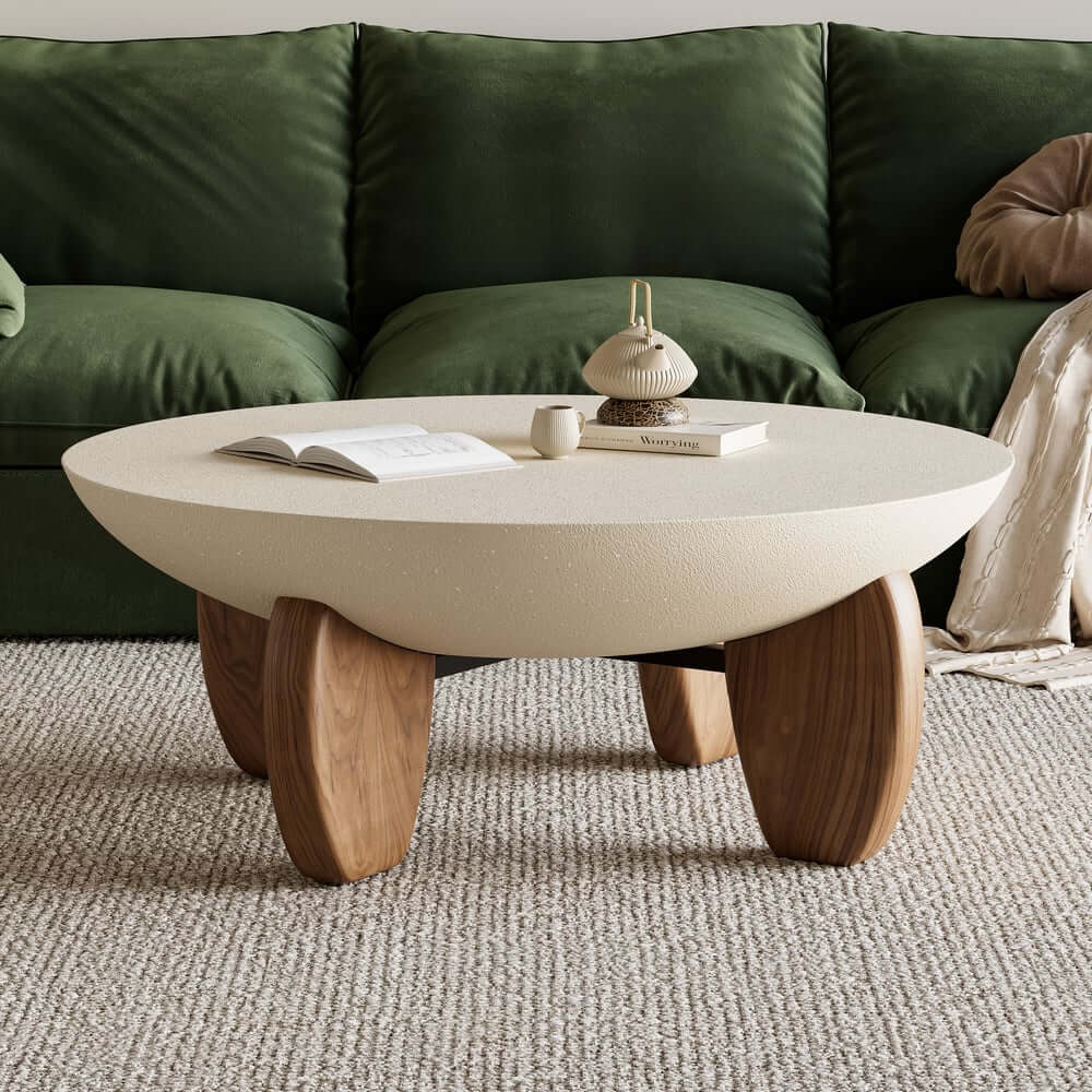 Modern Round Concrete Coffee Table with Wood Legs