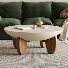 Modern Round Concrete Coffee Table with Wood Legs