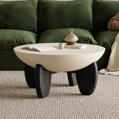 Modern Round Concrete Coffee Table with Wood Legs