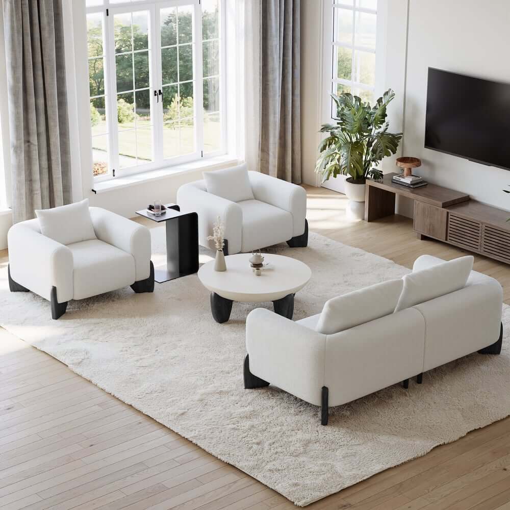 Modern Round Concrete Coffee Table with Wood Legs