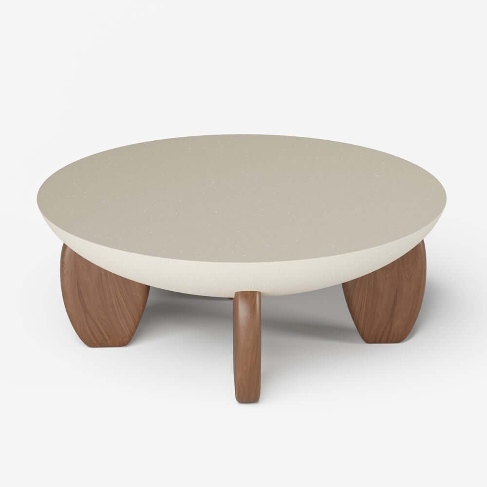 Modern Round Concrete Coffee Table with Wood Legs