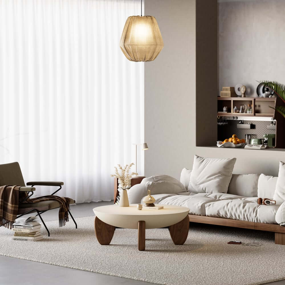 Modern Round Concrete Coffee Table with Wood Legs
