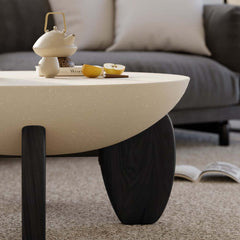 Modern Round Concrete Coffee Table with Wood Legs