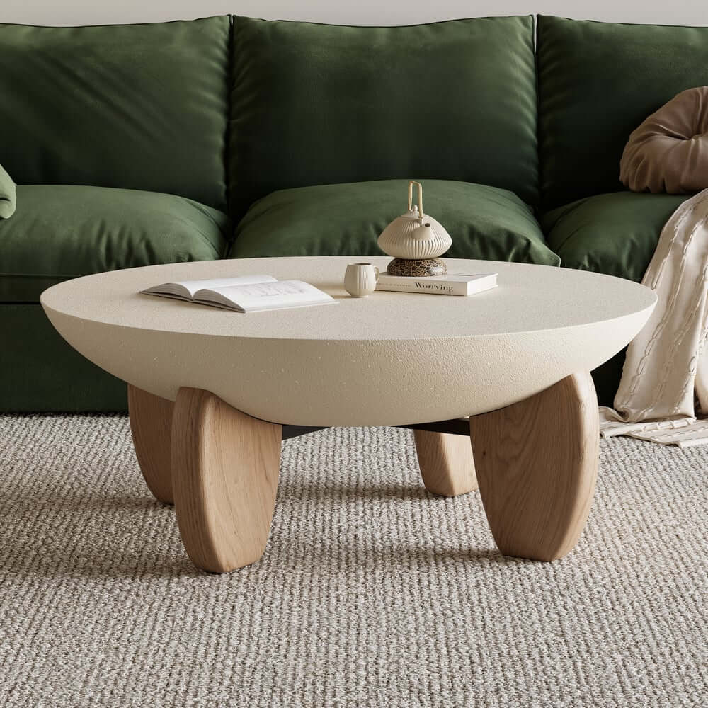 Modern Round Concrete Coffee Table with Wood Legs