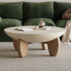 Modern Round Concrete Coffee Table with Wood Legs