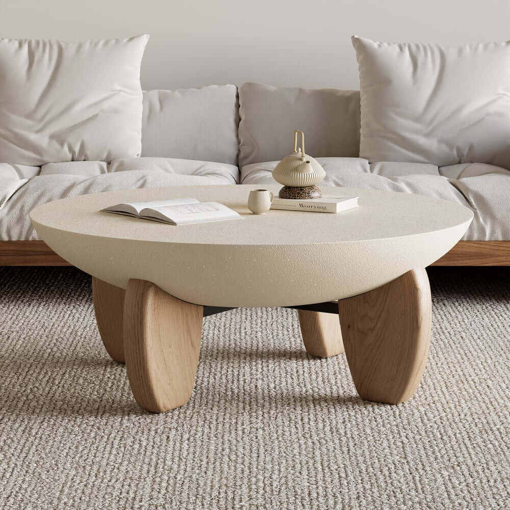 Modern Round Concrete Coffee Table with Wood Legs