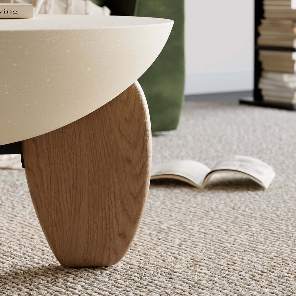 Modern Round Concrete Coffee Table with Wood Legs