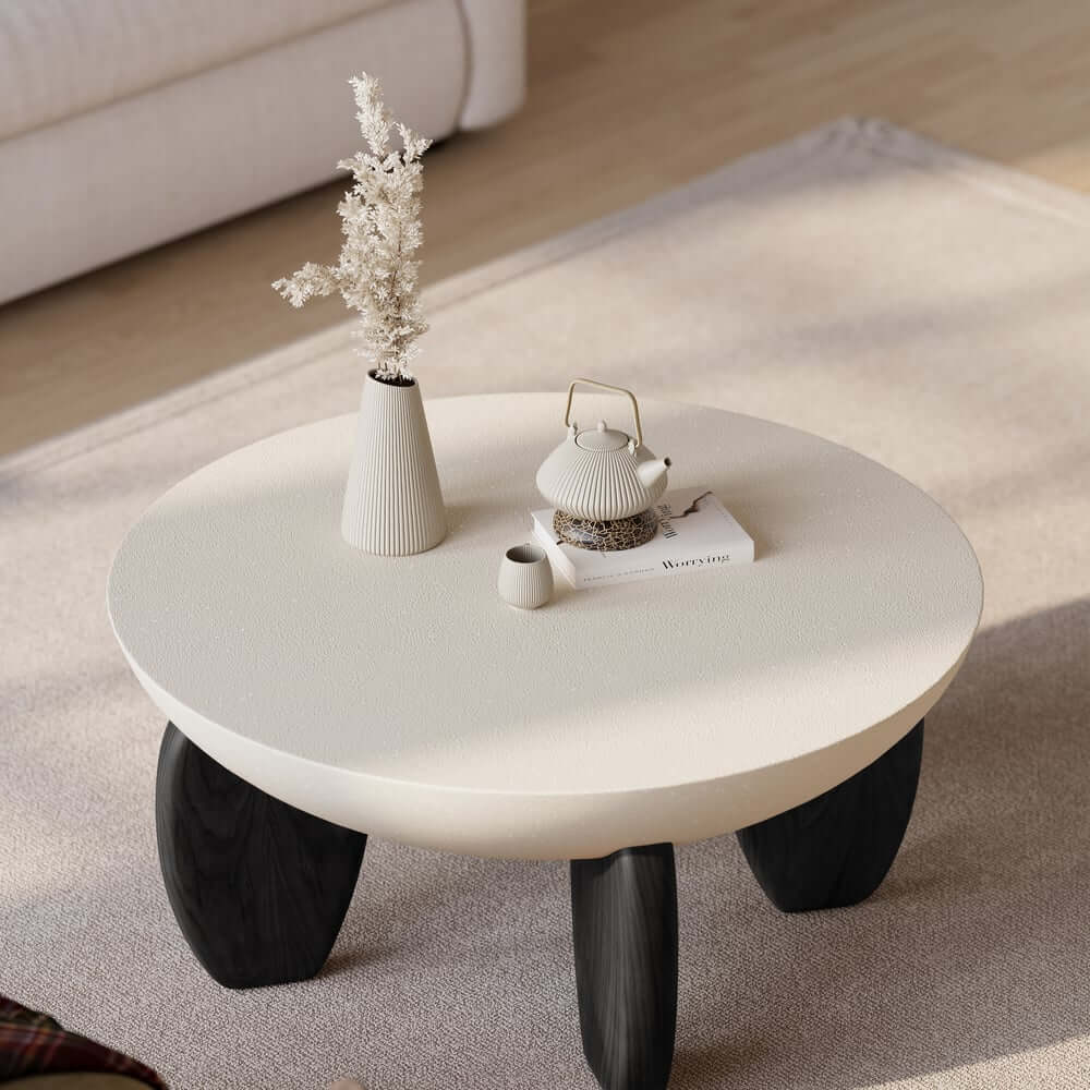 Modern Round Concrete Coffee Table with Wood Legs