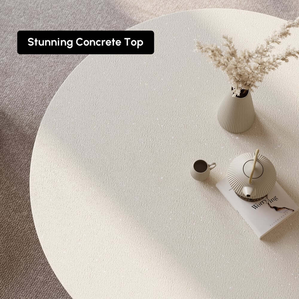 Modern Round Concrete Coffee Table with Wood Legs