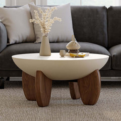 Modern Round Concrete Coffee Table with Wood Legs