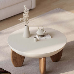 Modern Round Concrete Coffee Table with Wood Legs