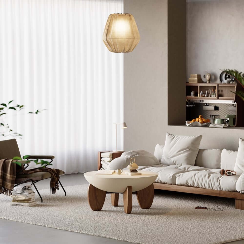 Modern Round Concrete Coffee Table with Wood Legs