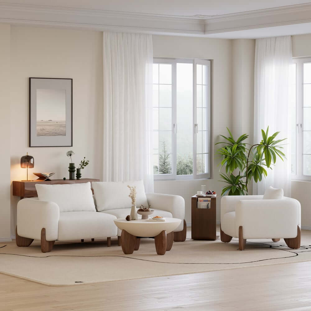 Modern Round Concrete Coffee Table with Wood Legs