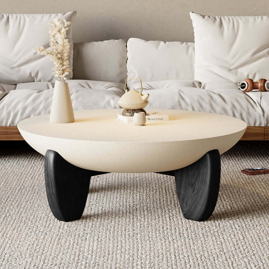 Modern Round Concrete Coffee Table with Wood Legs