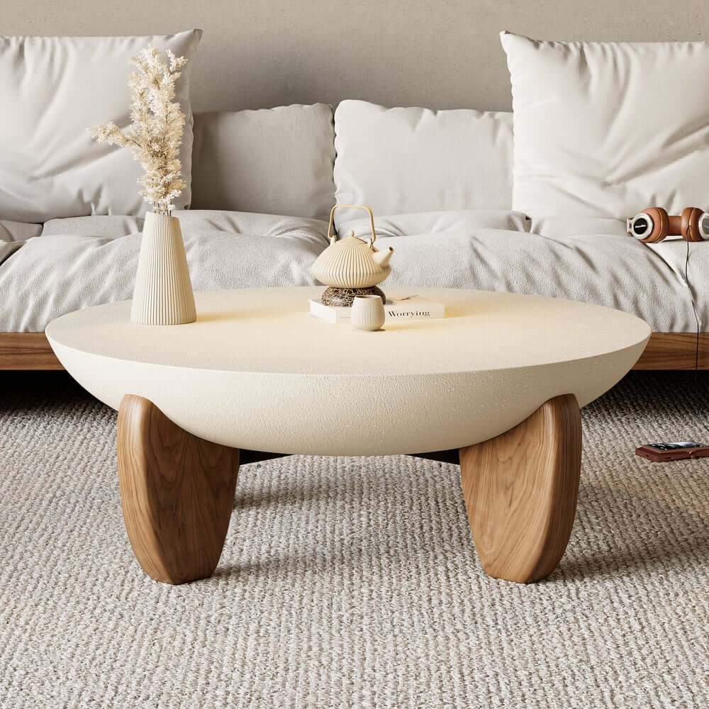 Modern Round Concrete Coffee Table with Wood Legs