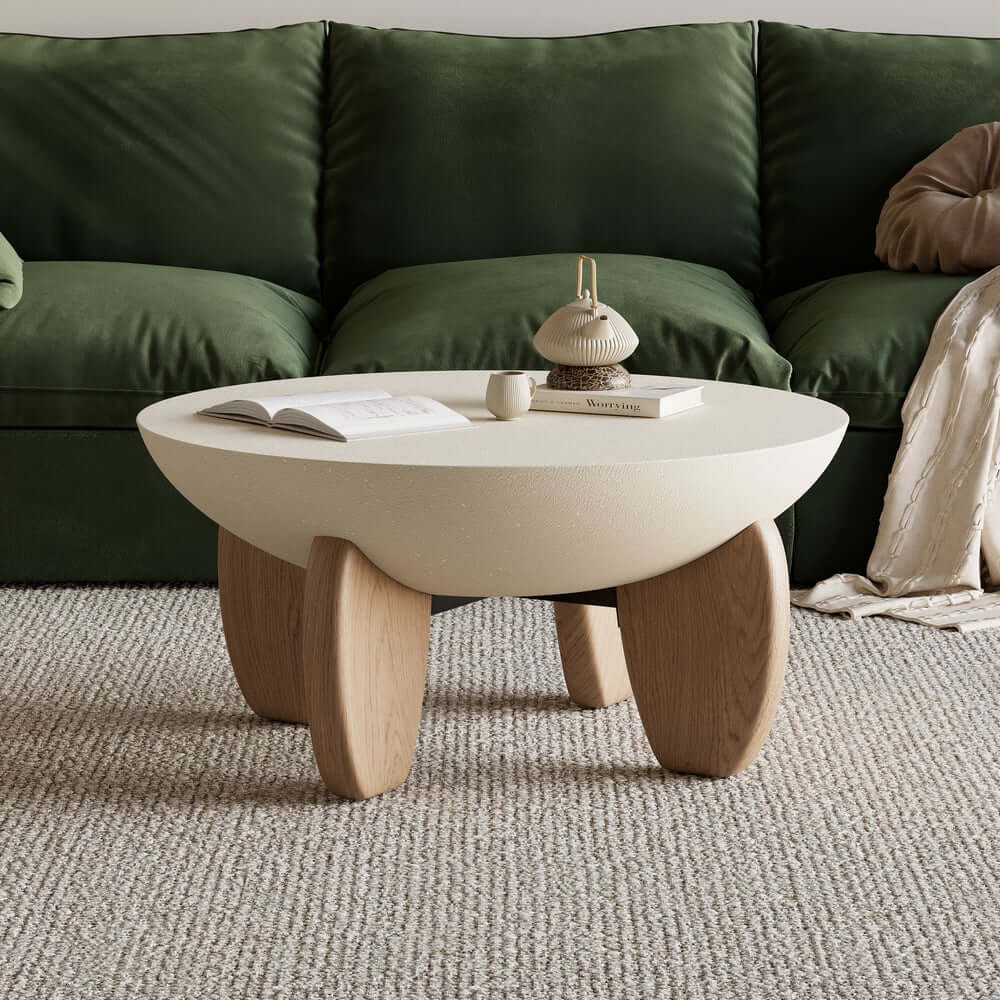 Modern Round Concrete Coffee Table with Wood Legs