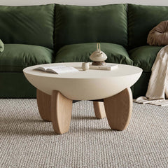 Modern Round Concrete Coffee Table with Wood Legs