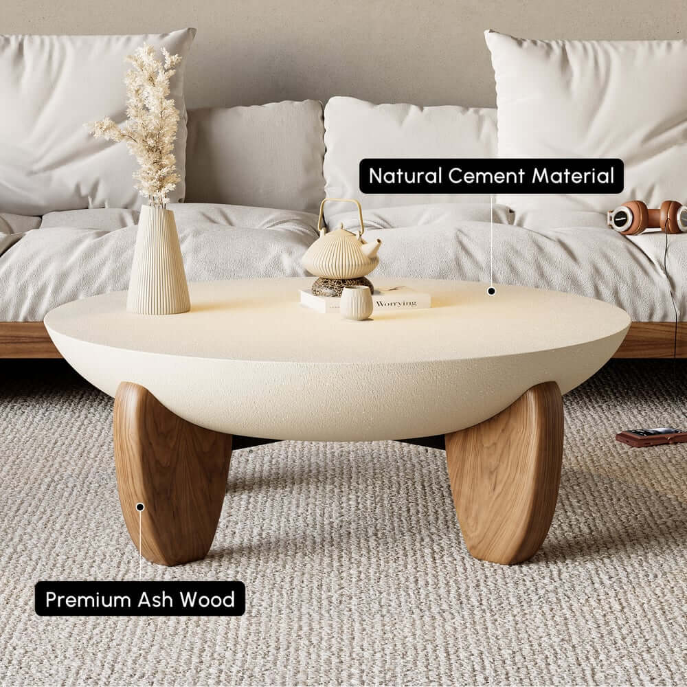 Modern Round Concrete Coffee Table with Wood Legs